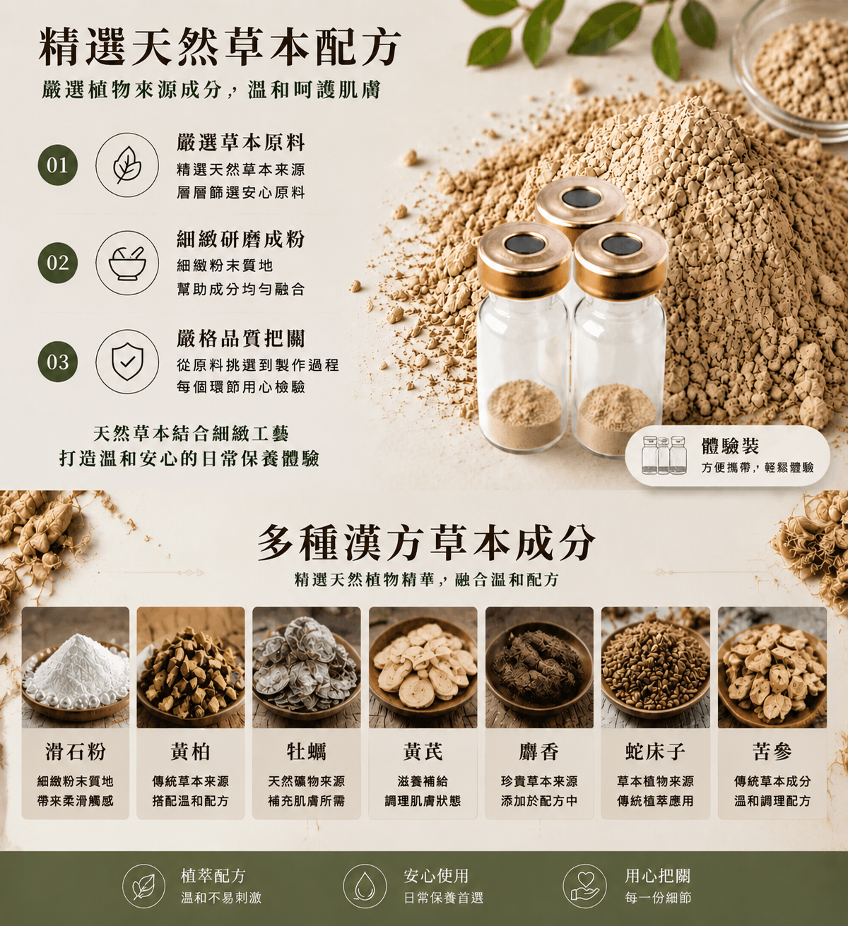 精選天然草本配方與產品視覺圖